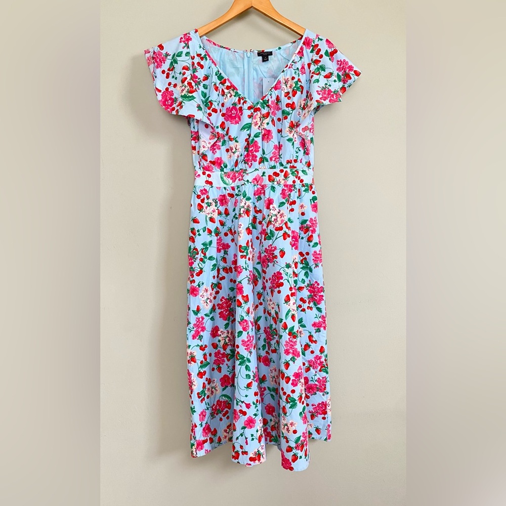 🌷Ann Taylor Light Blue Strawberry Cherry Print Cotton Maxi Midi Dress Petite 0